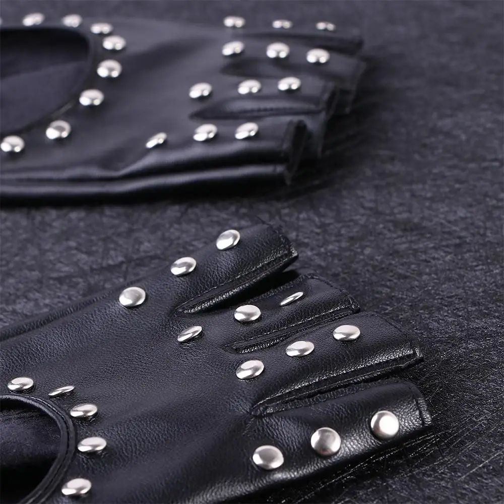 Unique Hip hop Outdoors Dance Punk Halloween Fashion Accessories Pu Leather Mittens Fingerless Gloves Rivets Gloves