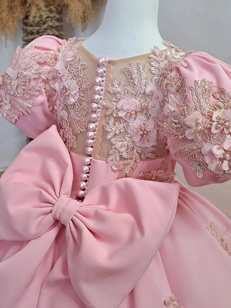 Robe de soirée brodée rose pour filles, en dentelle, avec gros nœud et paillettes, pour fête d'anniversaire