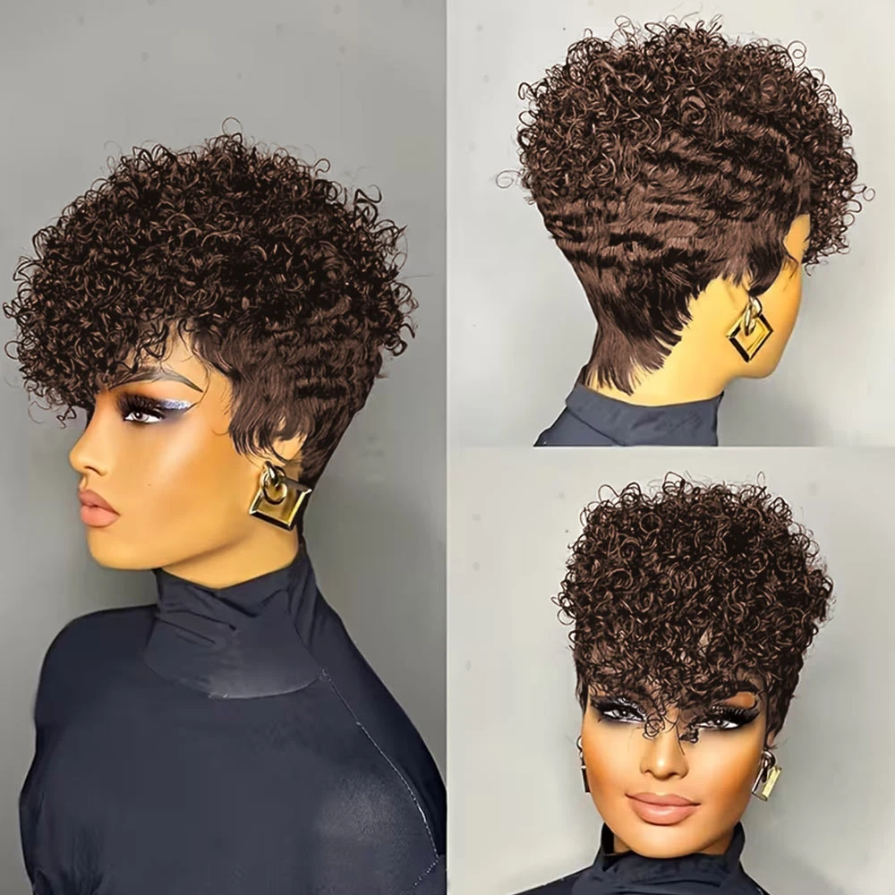 شعر مستعار أفرو غريب مجعد قصير للنساء # 4 شعر بشري ريمي 100% بني اللون، شعر مستعار أفريقي مصنوع آليًا #3