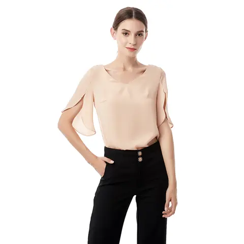 Camisa Casual de Verão para Mulheres em Chiffon com Mangas em Folha de Lótus