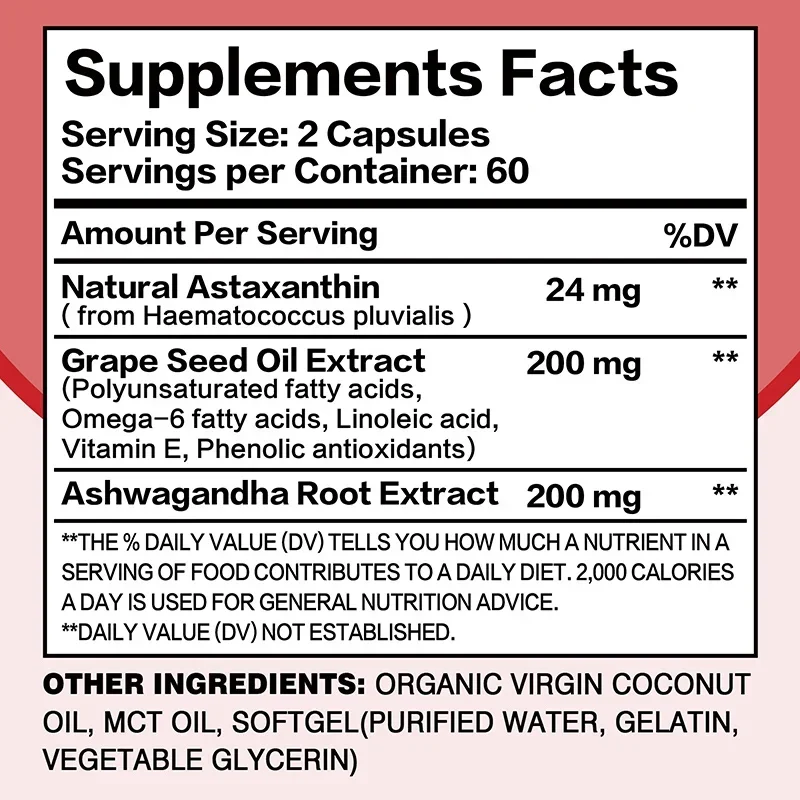 Cápsulas de astaxantina 24mg - com óleo de semente, Ashwagandha - apoia cardiovascular, olhos, articulações, saúde da pele, antioxidante