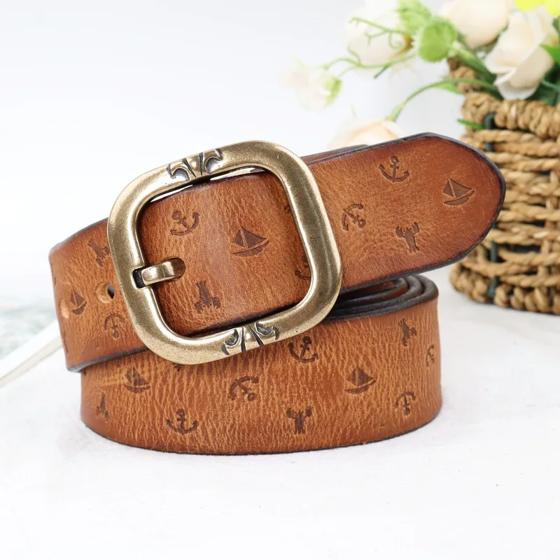 

Women's Fashion Handmade Genuine Leather Belt Top Layer Cowhide Personalized Pattern Versatile Jeans Copper Buckle Casual Belt