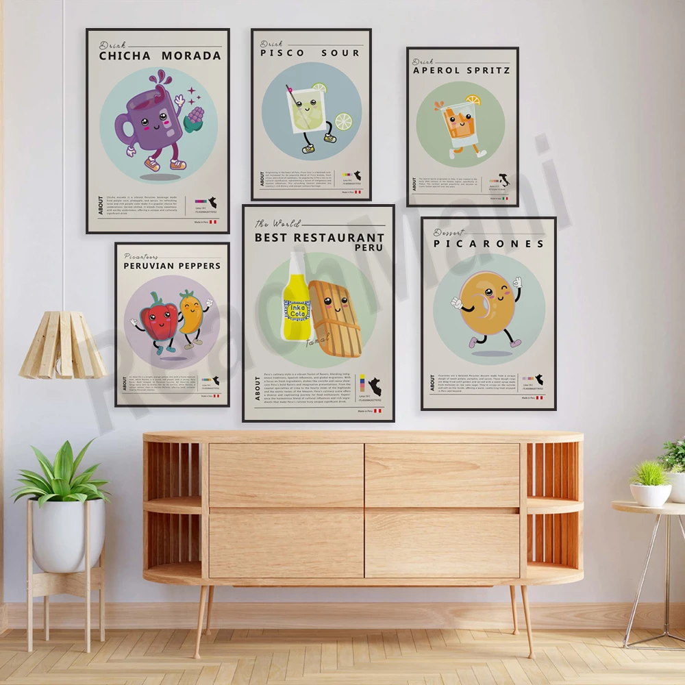 Peruvian fruit market, chili peppers, cartoon Peruvian sweet potato donut, Aperol Spritz cocktail poster kitchen decoration