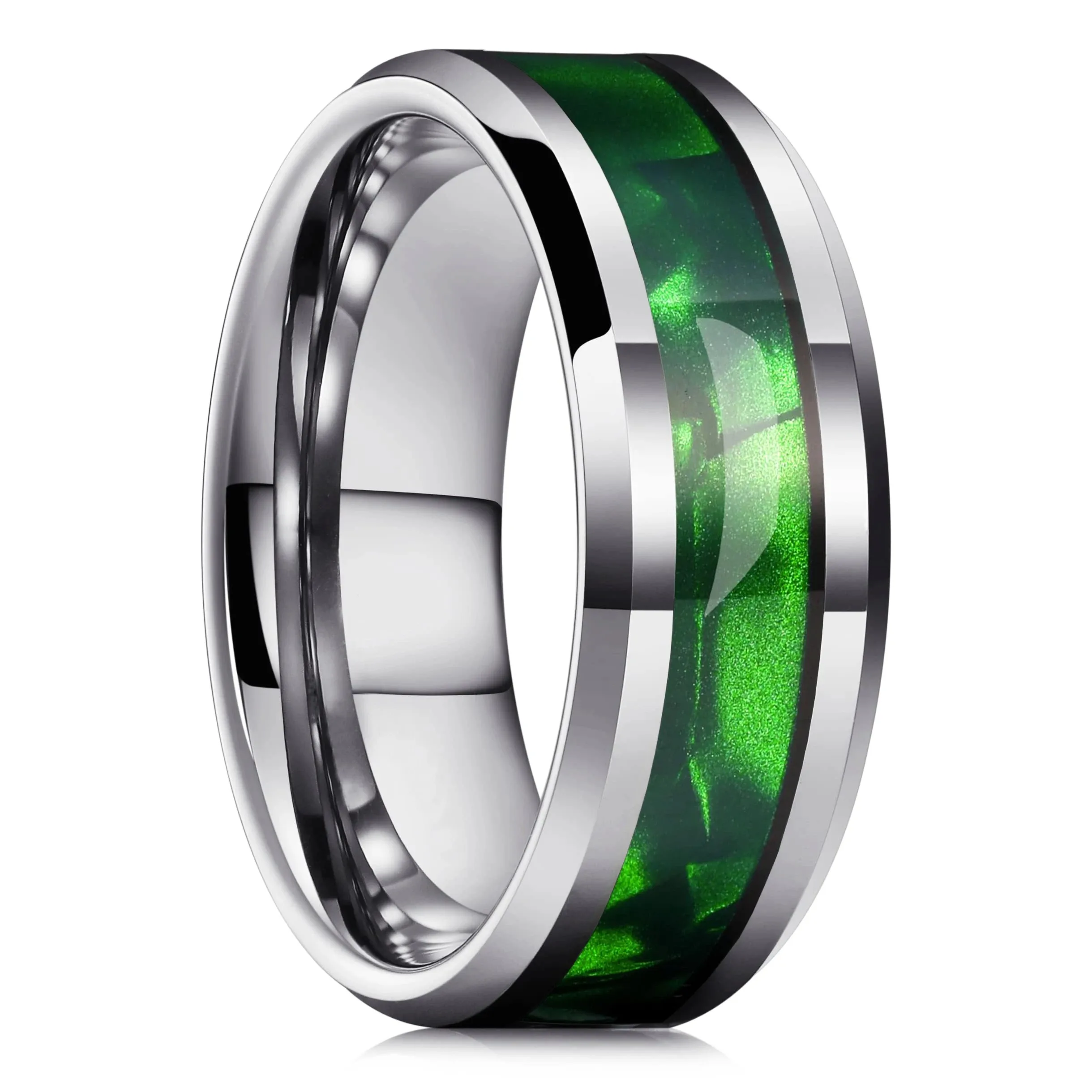 Fashion 8mm Titanium Stainless Steel Rings for Men Women High Polished Inlay Green Shell Men Promise Rings Wedding Party Jewelry