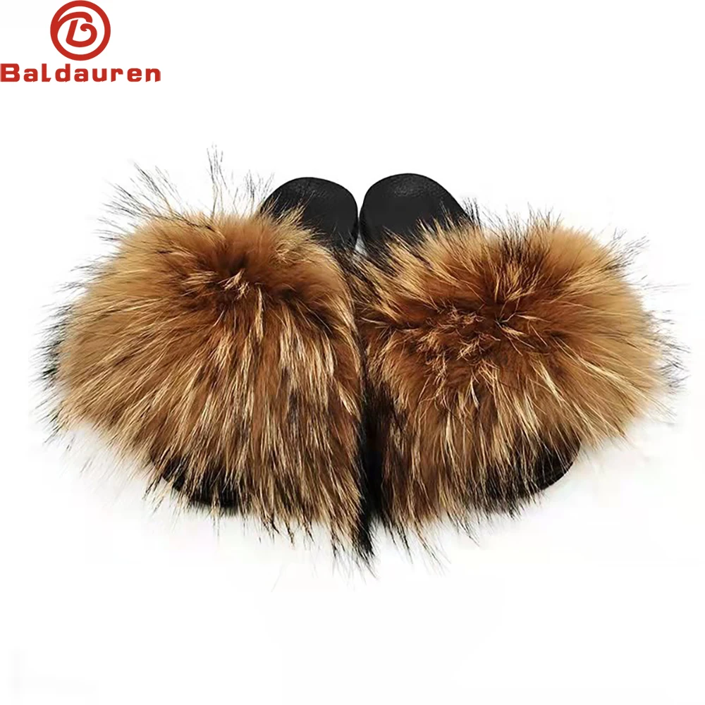 2024 New Women Summer Furry Fur Slippers Flat Non-slip Solid Real Fox Fur Slides Fluffy Slippers Ladies Shoes Women Home Slipper