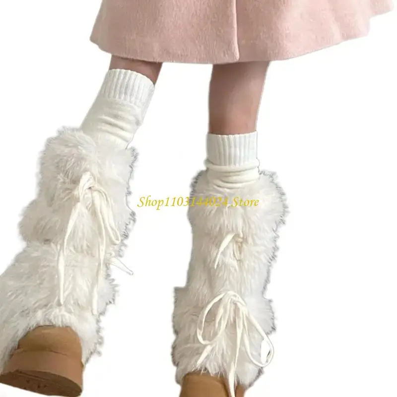 N5ke harajuku غطاء الحذاء النساء اللطيف شريط القوس فروي أفخم الساق البيضاء الجوارب أكثر دفئا #4