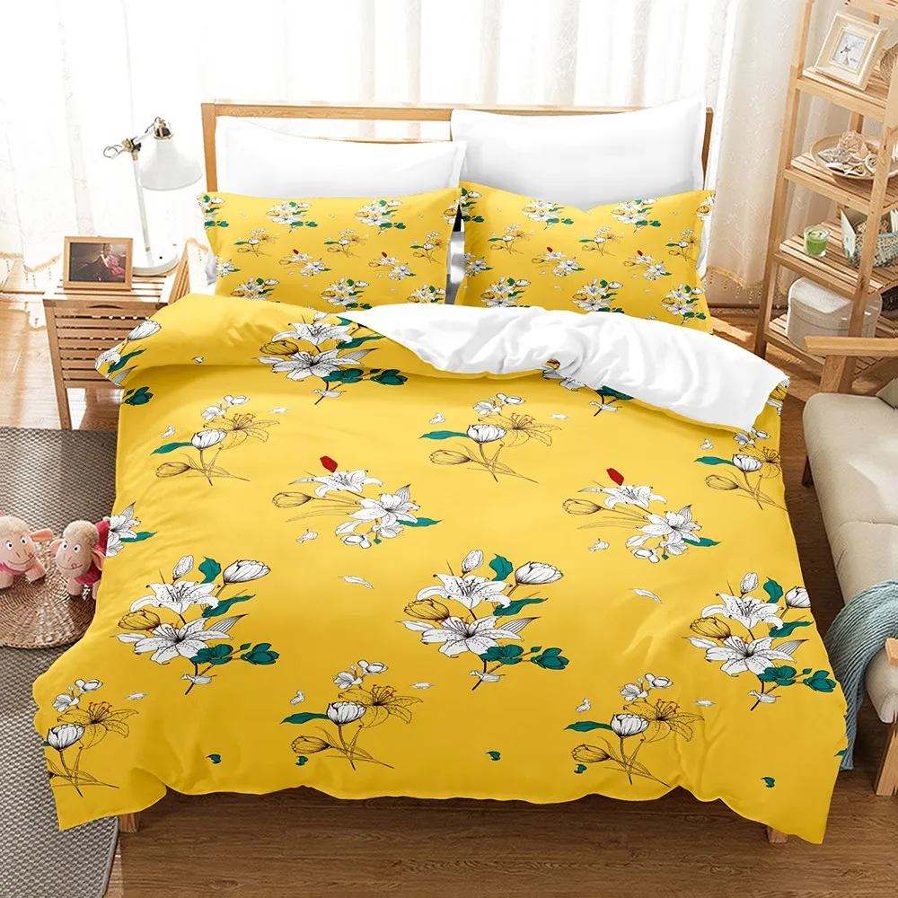 3PCS Yellow Duvet Cover Set Retro Palace Style  Printed Duvet Cover With 2 Pillowcases Single Twin Queen Size Bedding Set