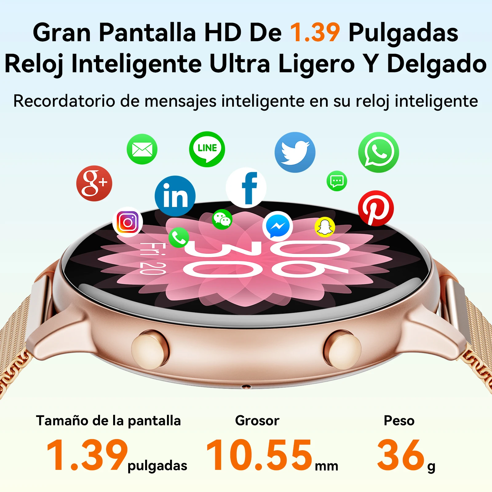 Reloj Inteligente Mujer Oro Rosa Lujo Pantalla Redonda 1.39" Llamada Bluetooth IP67 Resistente al Agua Monitor Ritmo Cardíaco SpO2 Sueño Reloj Fitness Elegante Regalo para iOS Android
