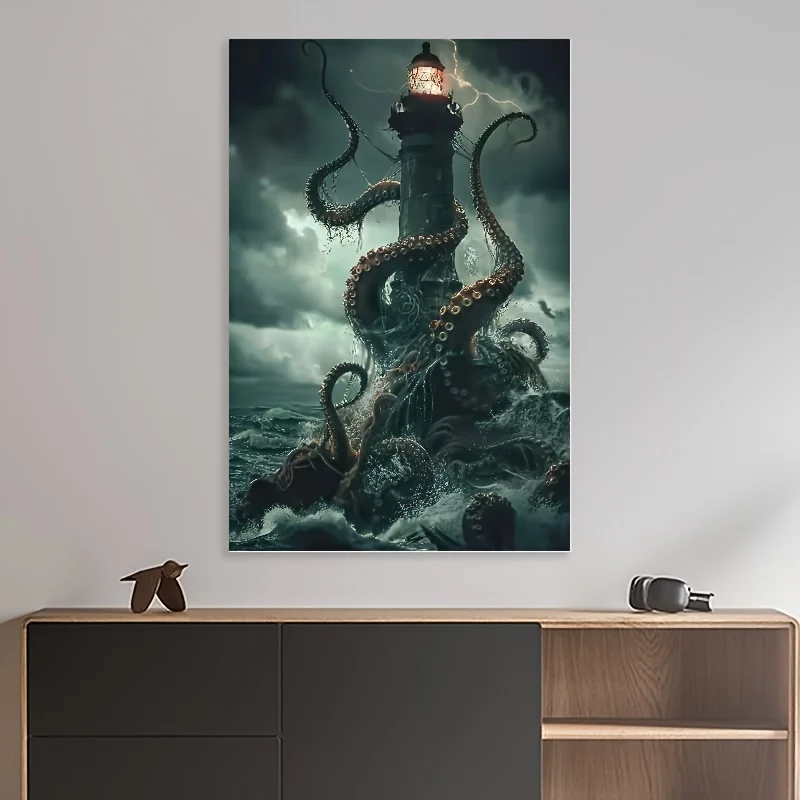 [High-Quality Abstract Lighthouse Art] Lighthouse & Sea Monsters Canvas Art - High-Quality Abstract Wall Decor for Living Room