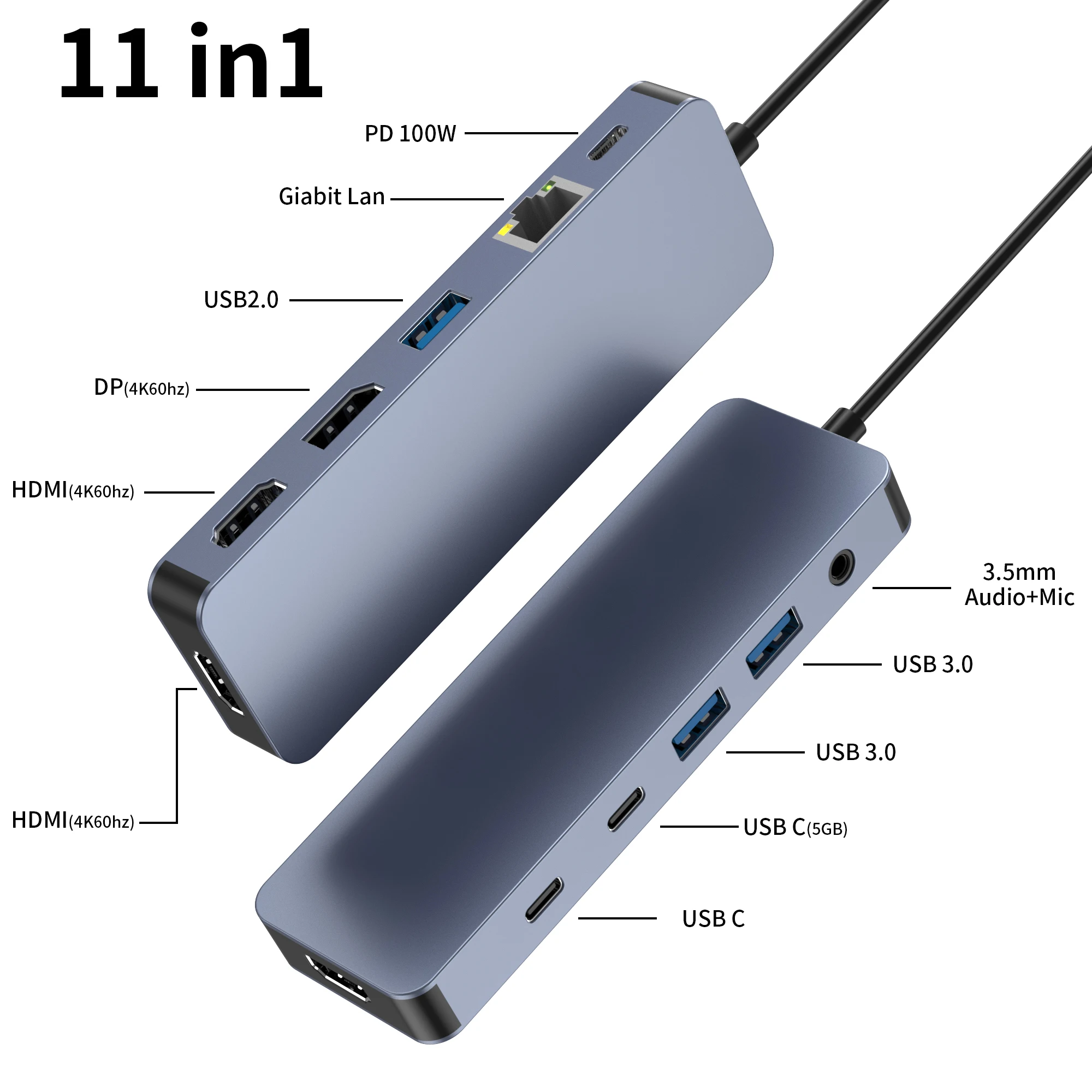 Hot Selling 11 in 1 HDTV DP USB-A USB-C PD 100W Adapter Charging Type-C 3.5mm Audio Mic RJ45 Docking Station Usb Hub