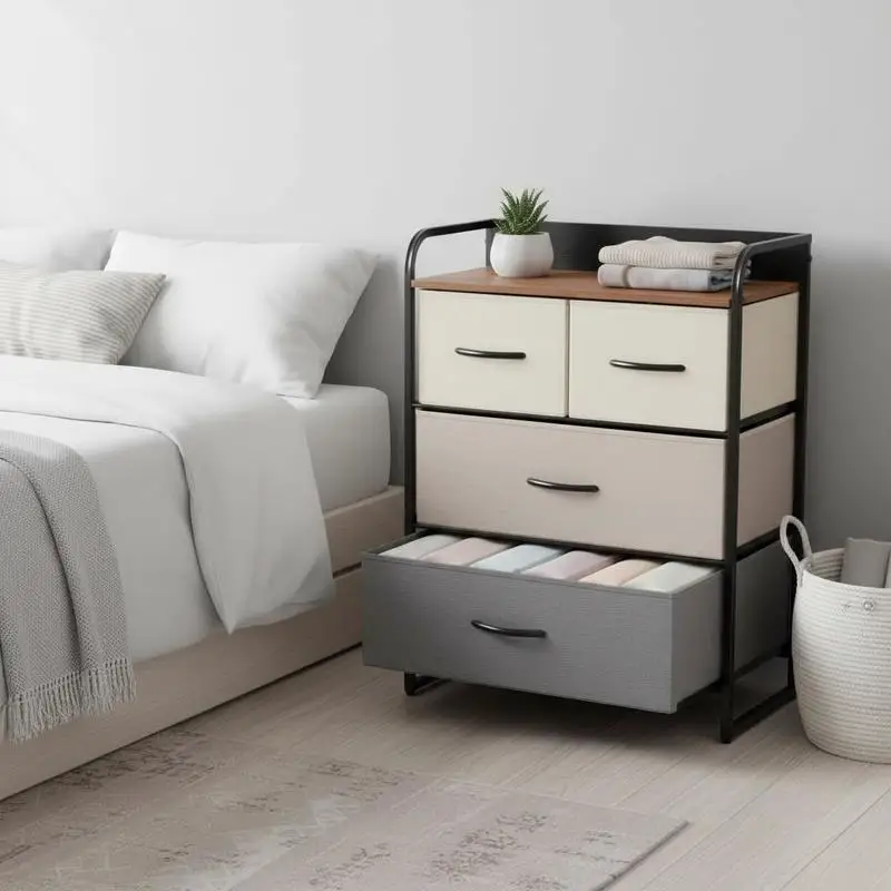 

4-Drawer Dresser, 3-Tier Storage Organizer, Tower Unit for Bedroom Hallway Closets with Steel Frame Wooden Top