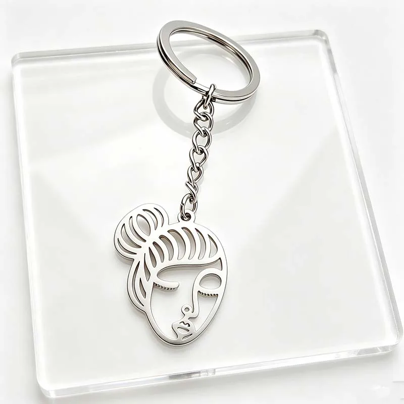 Abstract Stainless Steel Women Face Charm Keychains Hollow Metal Keyring Ladies Wallet Bag Key Chain Gifts Accessories Wholesale