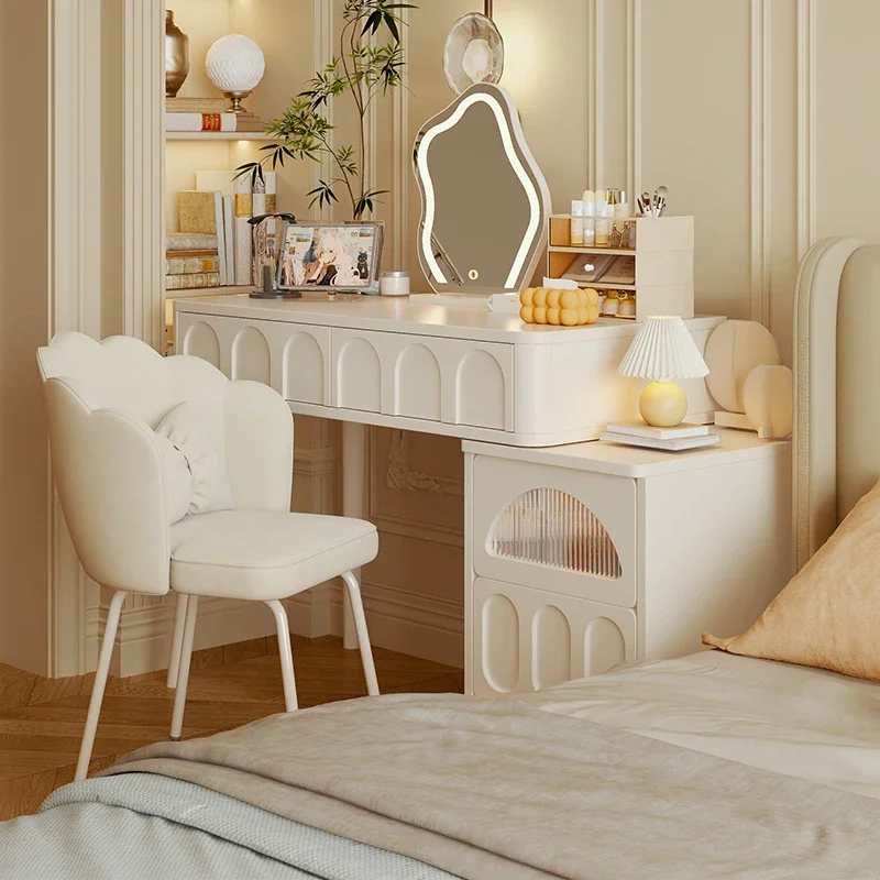 H Dressing Table Vanity Makeup Desk With LED Mirror And Stool 4 Spacious Drawers For Bedroom Storage