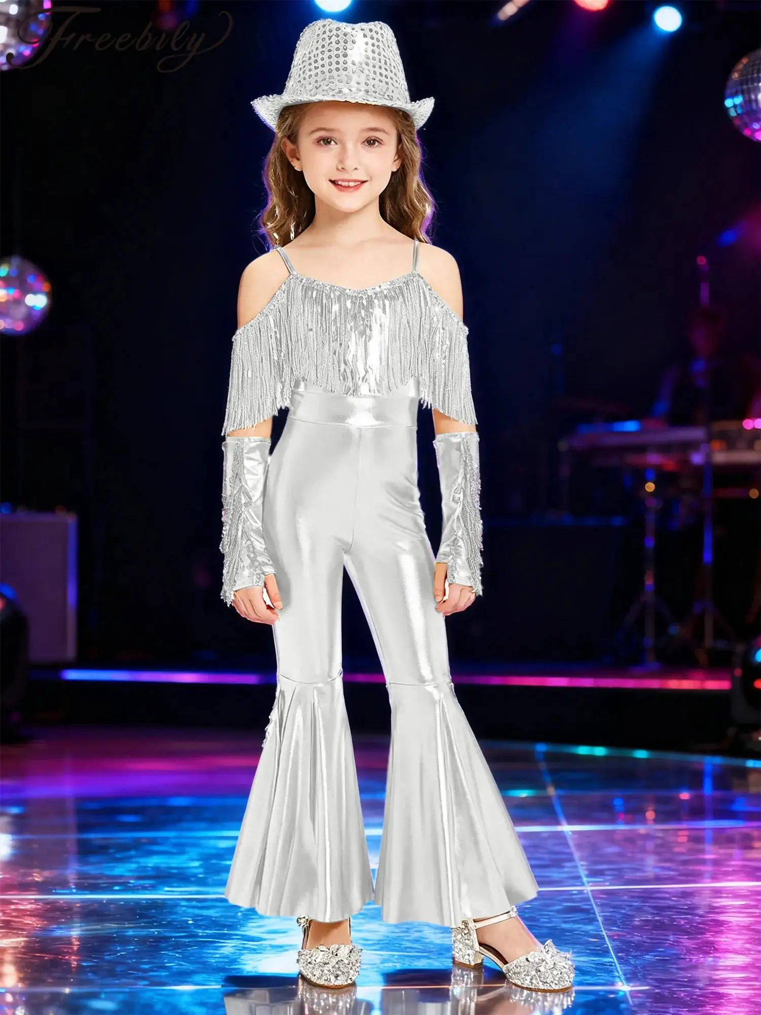 

Детский блестящий костюм хиппи для девочек с блестками, расклешенный комбинезон в стиле диско 70-х годов, детский комбинезон с кисточками в металлическом стиле для вечеринок, одежда для джазовых танцев