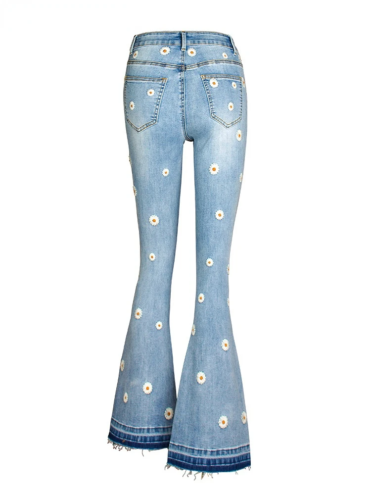 Imagem -05 - Perna Larga Denim Calças Femininas Casual Streetwear Lápis Mid-cintura Luz Azul Senhoras Denim Esfregando Calça Bordado Flare Calças