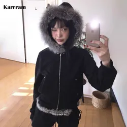 Karrram japonês y2k casaco de pele feminino vintage estilo coreano preto com capuz jaqueta grunge estética gola de pele casaco com zíper fino 00s