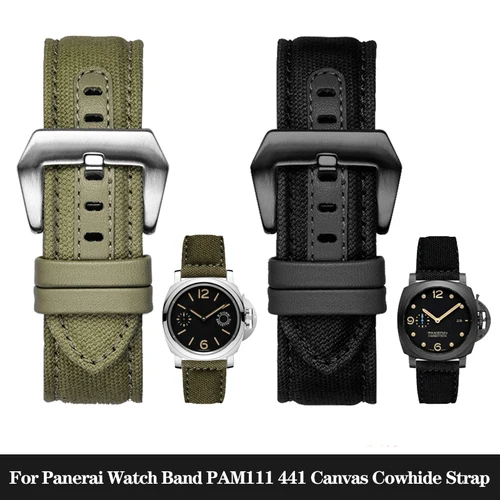 Imagen 1 del producto Correa de reloj con parte inferior de piel de vaca de lona de nailon para Panerai Panahai, correa de reloj diésel para hombre PAM111 PAM441, 22mm, 24mm y 26mm