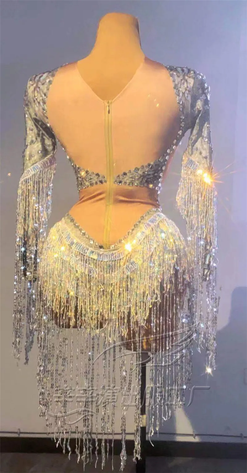 Sequin Long Sleeve Tassels Bodysuit Stretch Leotard Nightclub DJ Singer DS Costume Party Show Stage Outfits Sparkly Rhinestone