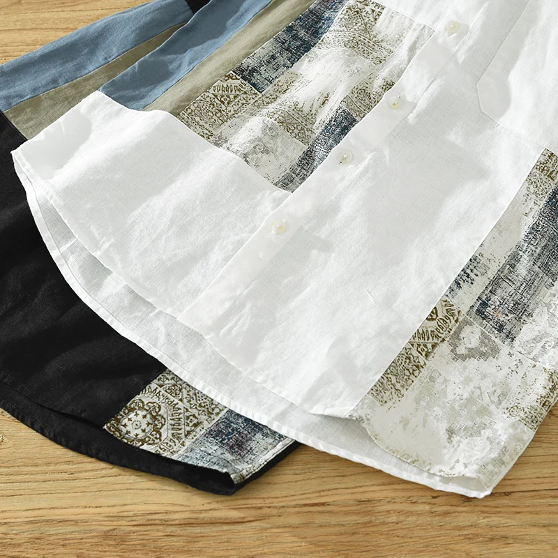 Designer New Short Sleeve Patchwork Casual Linen Shirt Men Brand Trend Breathable Top Clothes Chemise Homme Camisa Masculina