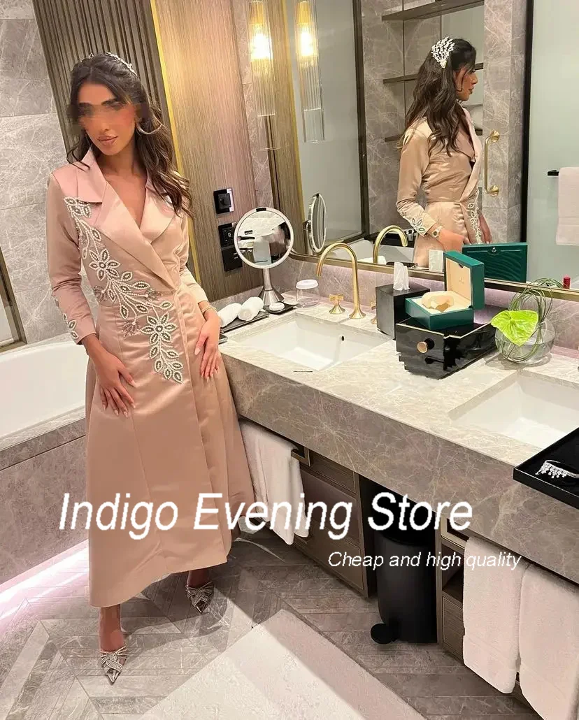 Indigo Modern Prom Dresses Beads V Neck Long Sleeves Ankle-Length A Line Formal Party Dress For Women 2024 Soirée Robe Femme