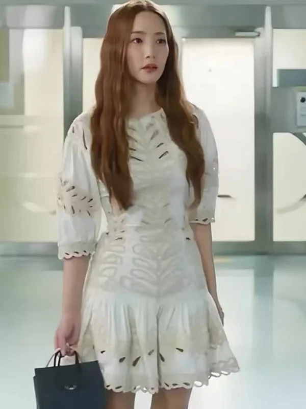 

M Home Autumn Hook Weave Phoenix Tail Hollow round Ne Bubble Sve Waist Card Dr Women's ort A-Line Skirt Cotton Summer