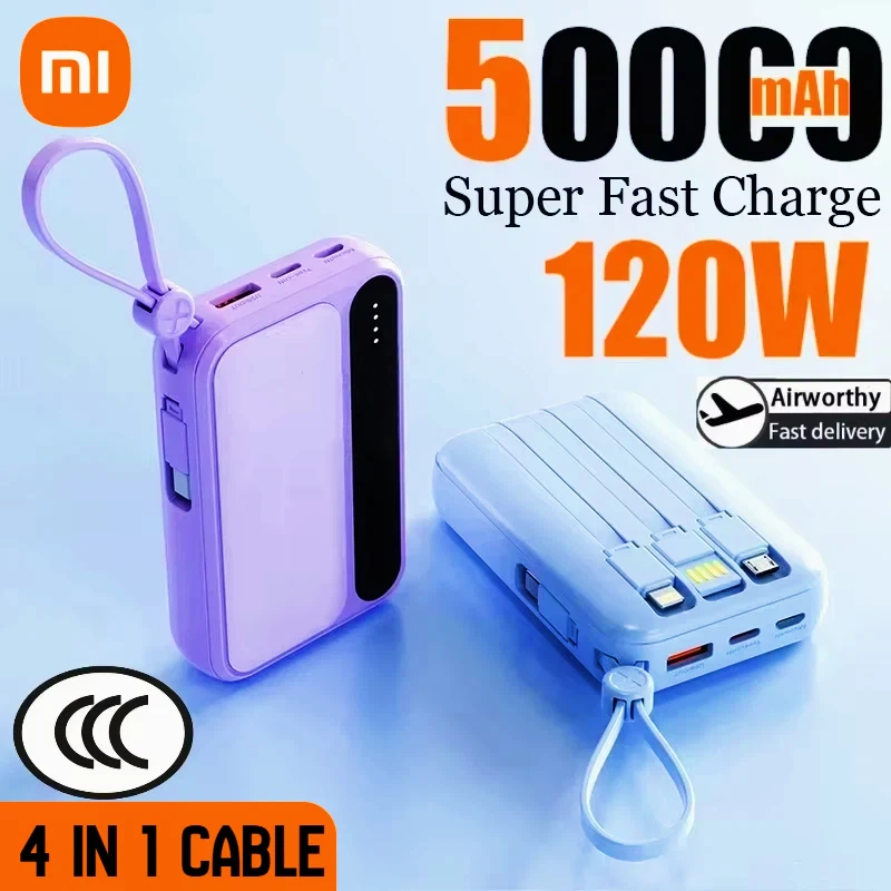 

Портативный аккумулятор Xiaomi 4-в-1, 50000 мАч, большая емкость, 4 встроенных кабеля, интеллектуальный цифровой дисплей, легкий, для iPhone