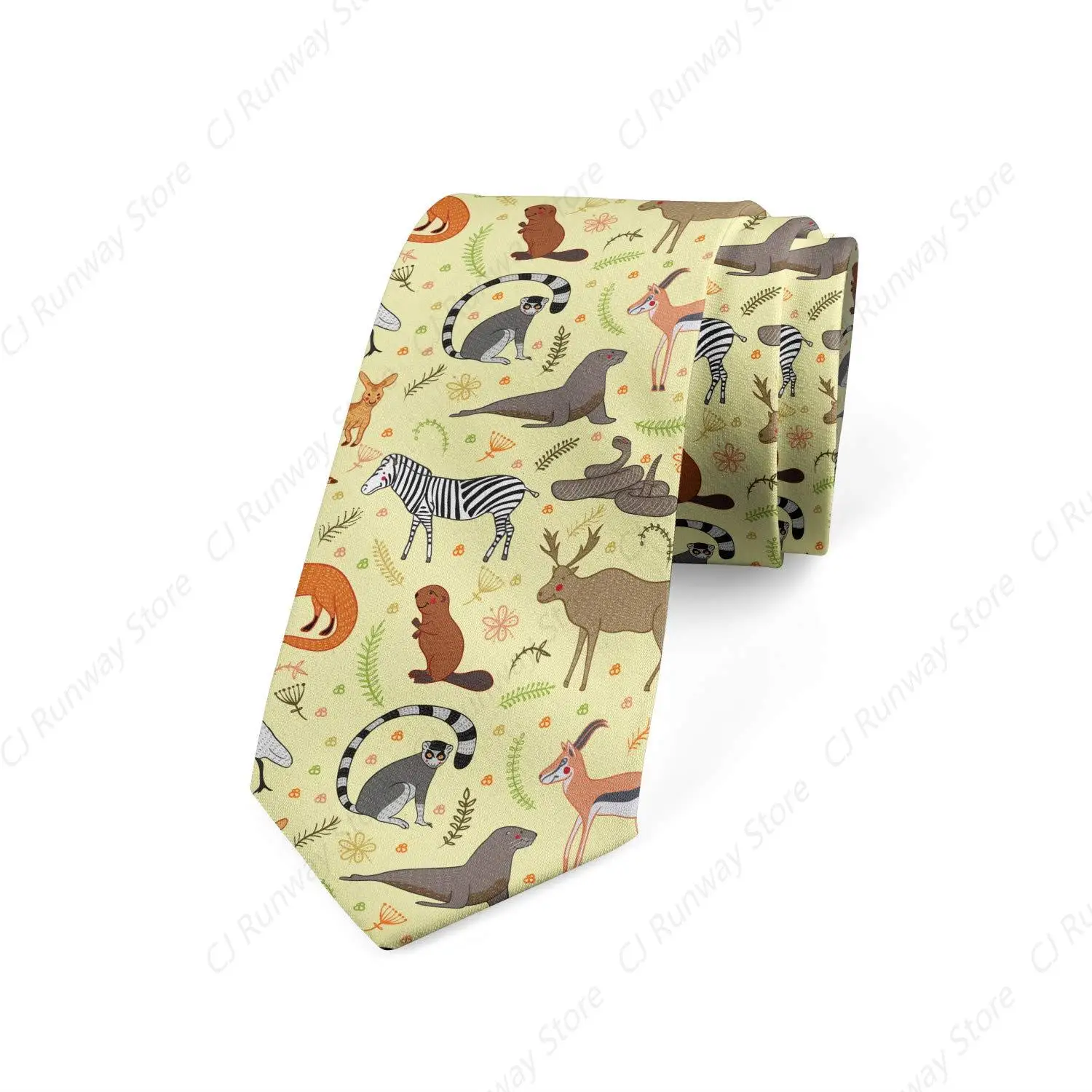 Men's Tie, Zebra Fox Beaver Antelope Lemur, 3.7