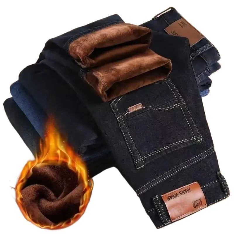 

Men's Jean Thicker Autumn/Winter Jeans Fleece-Lined and Thickened Straight-Leg Loose-Fit Plus Size for Cold Weather Outdoor Wear