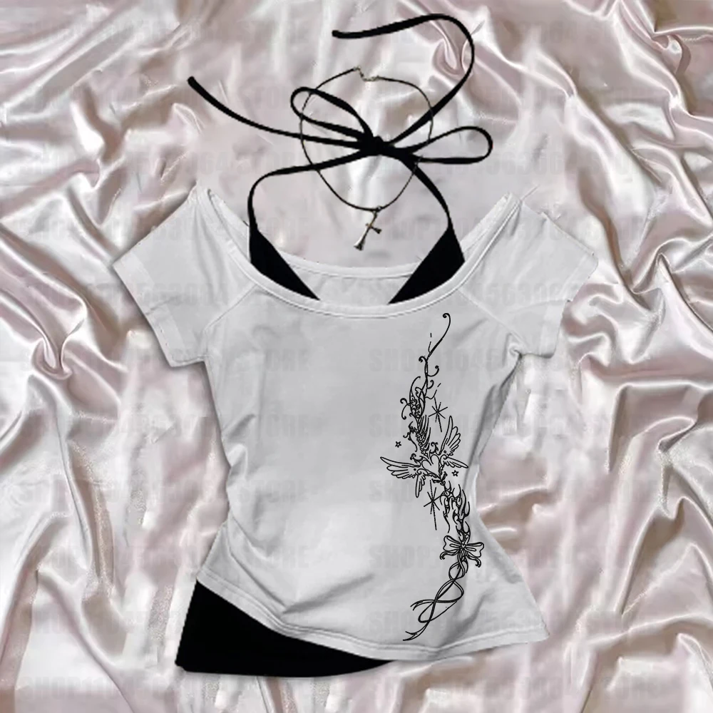 서브컬쳐 여성 의류 Y2K 펑크 티셔츠 아메리칸 레트로 스윗 섹시 숏 여성 의류 여름 캐주얼 인기 상의