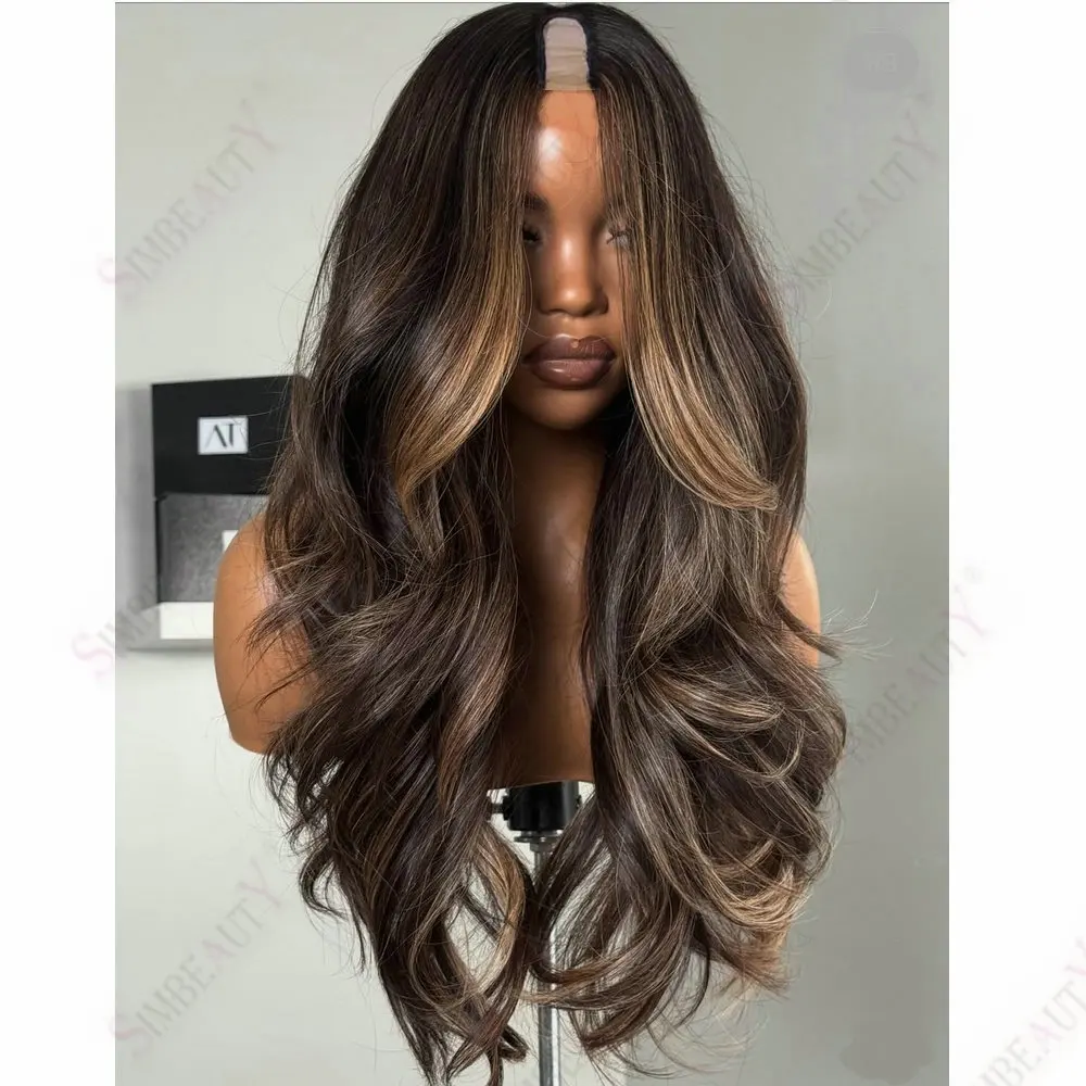 Highlights Honigblond 1X4 Größe U/V-Teilperücken Unverarbeitetes Echthaar Lange Lose Wellenförmige Klebefreie Vollmaschinell Gefertigte Perücke für Schwarze Frauen – Detail 1