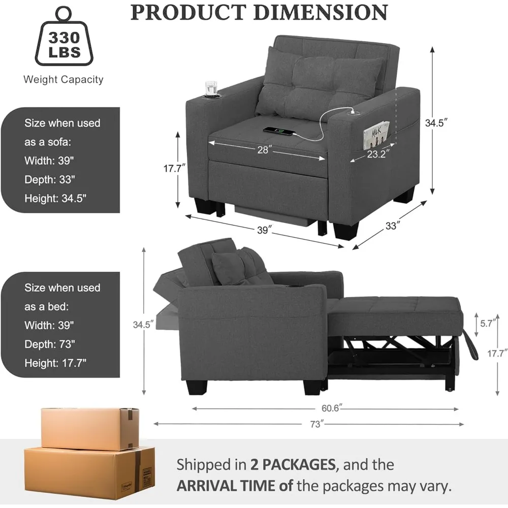 Sofa Bed 3-in-1 Convertible Sofa Sleeper Chair Bed with USB, Cup Holder, Adjustable Armchair Beds for Small Spaces, Apartment