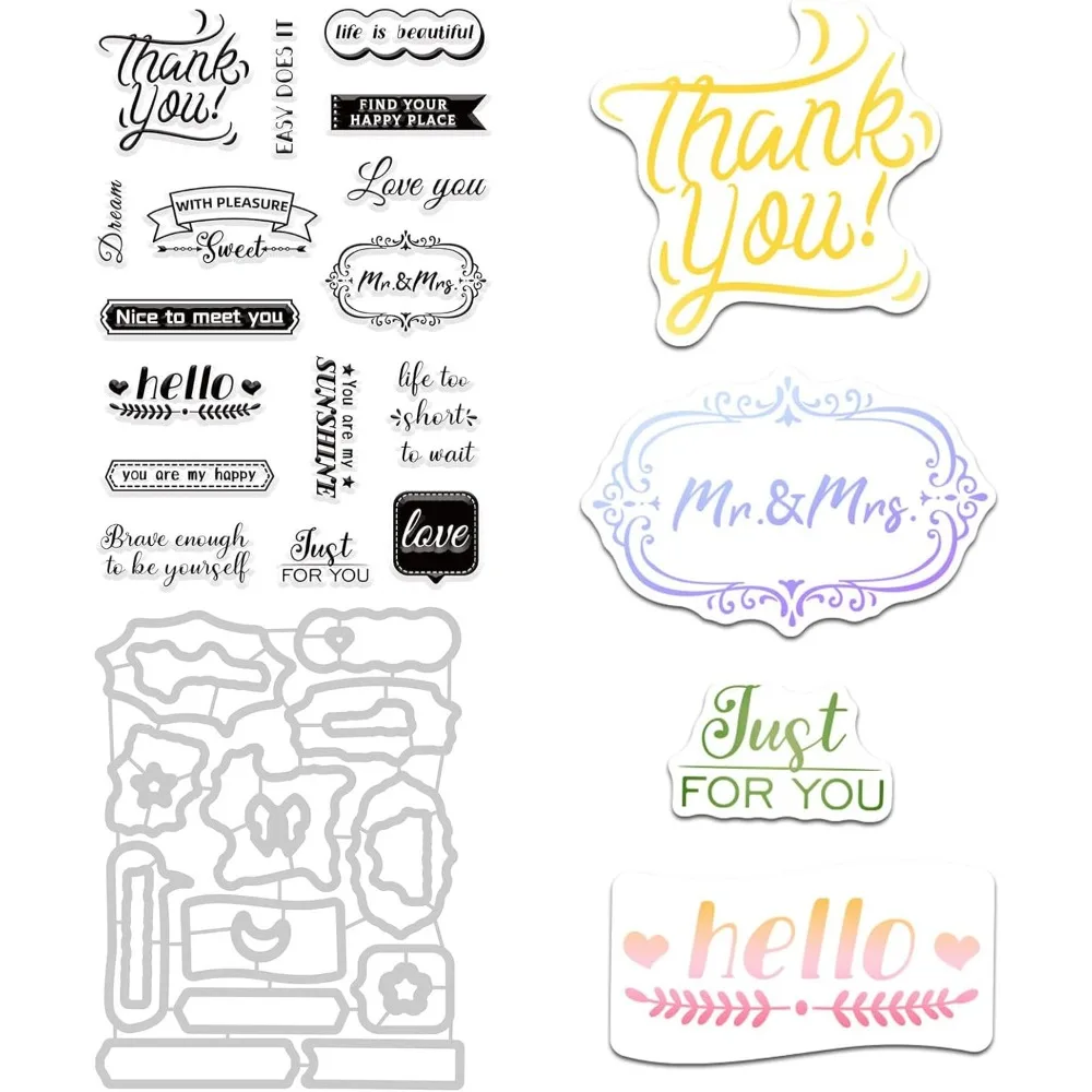 

Blessing Words Cutting Dies and Silicone Clear Stamps Set with Thank You Love You Words for Card Making DIY Scrapbooking Photo