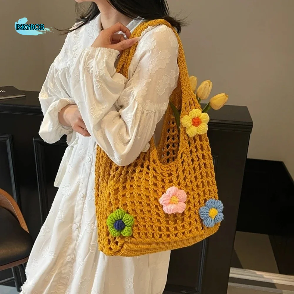 

Multicolor Flower Woven Bag Bohemian Style Hollow Knitting Tote Bag Handbag Large Capacity Hollow Shoulder Bag Streetwear
