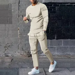 Solid Color Men Suit Long Sleeve T-shirt Long Pants 2 Pieces Set Tracksuit Casual Male Streetwear Oversize Clothing Sweatshirt