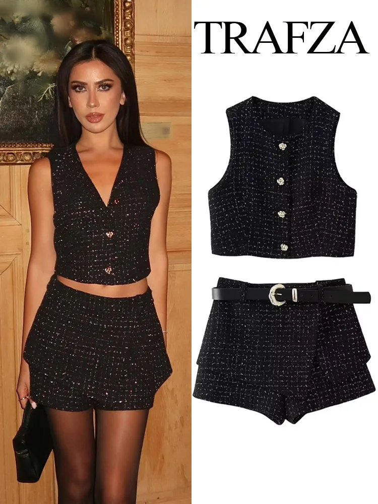 TRAFZA Summer Fashion Women Shorts Black Plaid High Waist Belt Decoration Culottes Female High Street Asymmetrical Short Pants