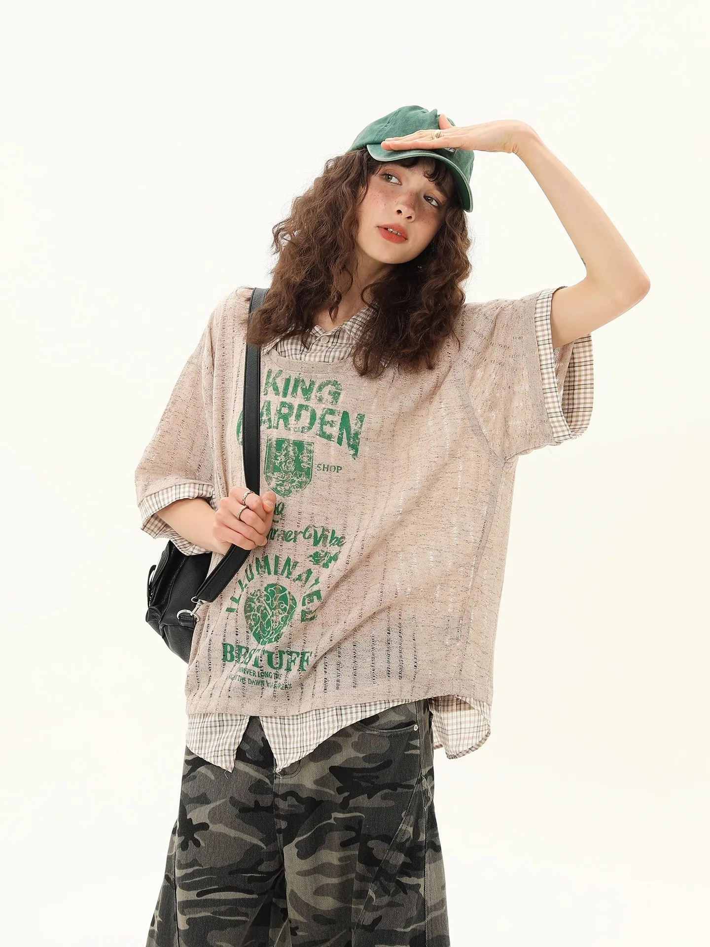 Camisa Vintage falsa de dos piezas para mujer, Top de manga corta estilo universitario Retro americano, blusa de gran tamaño para verano 2025, camiseta de calle