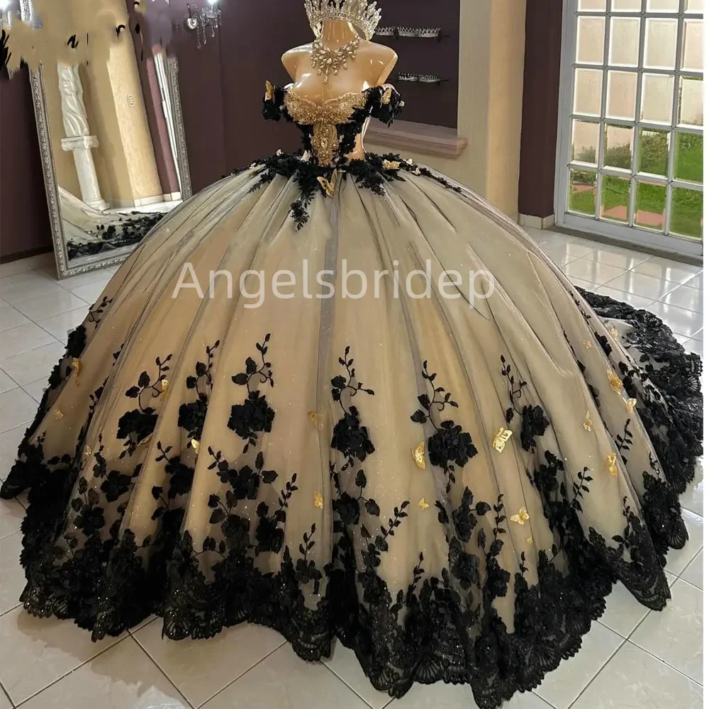 Angelsbridep-Vestido De baile negro De lujo para Quinceañera, traje De fiesta con cuentas De cristal y lentejuelas, 2025