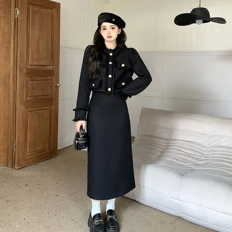 Luxury Dress Two-piece Set Autumn Winter New French Elegant Long Coat + Skirt Two-piece Women Female Office Lady Set Hot Sale