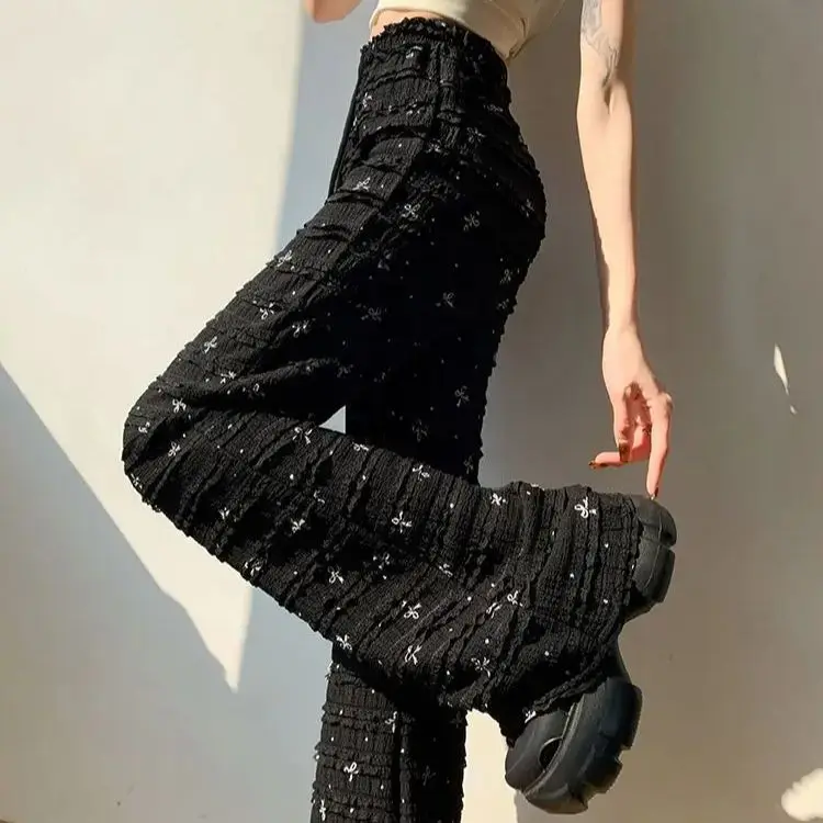 

High-Waist Bow Printed Micro-Trumpet Thin Drape High Waist Trousers Pants Cute Casual Home Pants Can Be Worn Outside Girl Gift