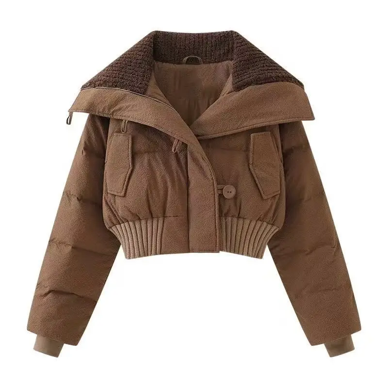 Flip Collar Short Down Cotton Jacket for Women Winter Thick Casual Retro Bread Jacket