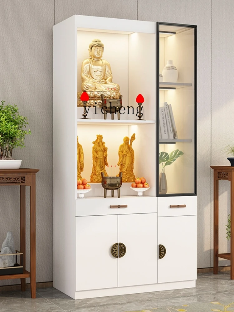 Zk New Chinese Buddha Niche with Door Vertical Modern Minimalist Solid Wood Altar God of Wealth Cabinet