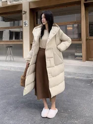 Women's Winter Down Jacket Thickened 90 White Duck Down Warm Coat Waist Tie Hooded Parka Fashion Slim Over The Knee Women's Coat