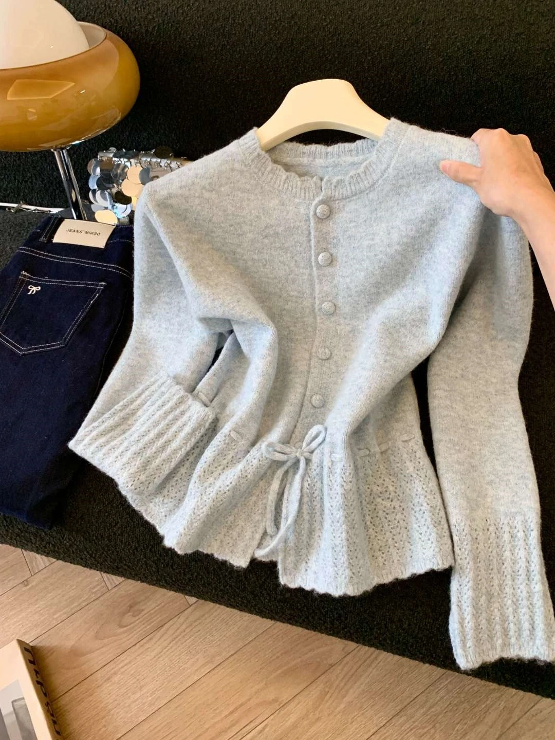Chic Round Neck Women's Sweater Autumn Long Sleeve Single Breasted Drawstring Lace up Knitted Cardigan Spring Knitwear Female