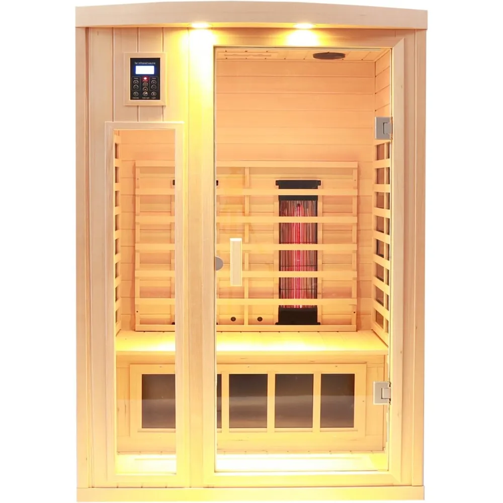 2-Personen-Ferninfrarot-Sauna, 2-in-1-Hausuna mit niedrigen EMF-Heizungen + Keramik-Heizwürfel – Chromotherapie – Bluetooth-Lautsprecher