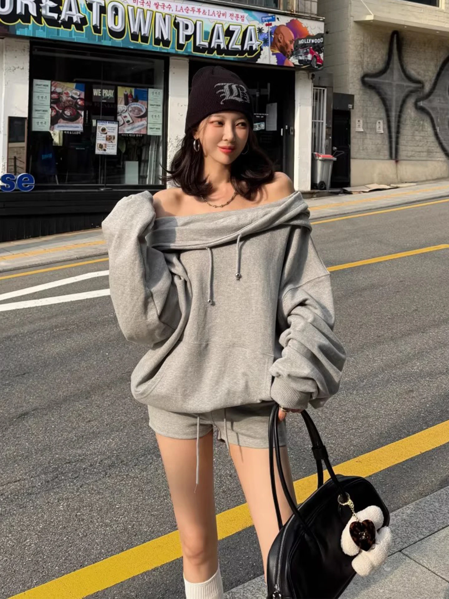 

Chic Autumnal Hooded Dstring Sweatirt Women's High Waist Slimming orts Set Faionable Commuter Sle Ensemble