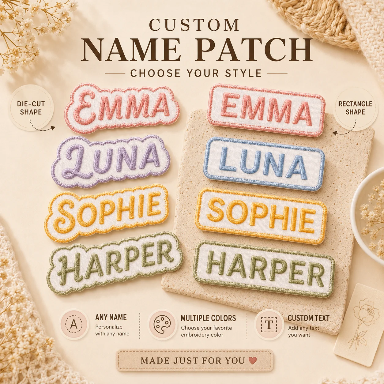 Custom Colorful Name Patches Embroidered, 1Pc Embroidery Name Patch |  for Clothes,Backpacks,Pets,Daycare & Work Shirts,Gifts
