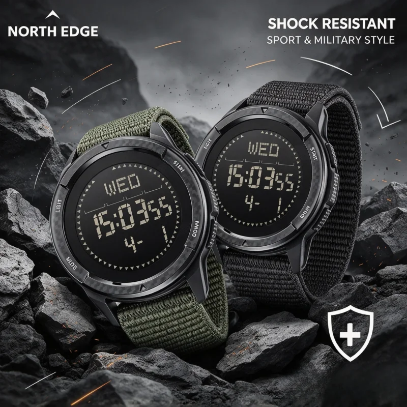 NORTH EDGE ALPS Men Carbon Fiber Digital Watch Ultralight Military Sports Wristwatch Compass Shock Resistant 50M Waterproof Outd