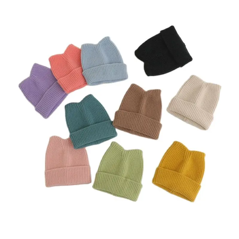 Baby Hat Autumn Winter Candy Color Cartoon Ear Knit Beanies for Boys Girls Outdoor Warm Children\'s Hats Caps Kids Accessories