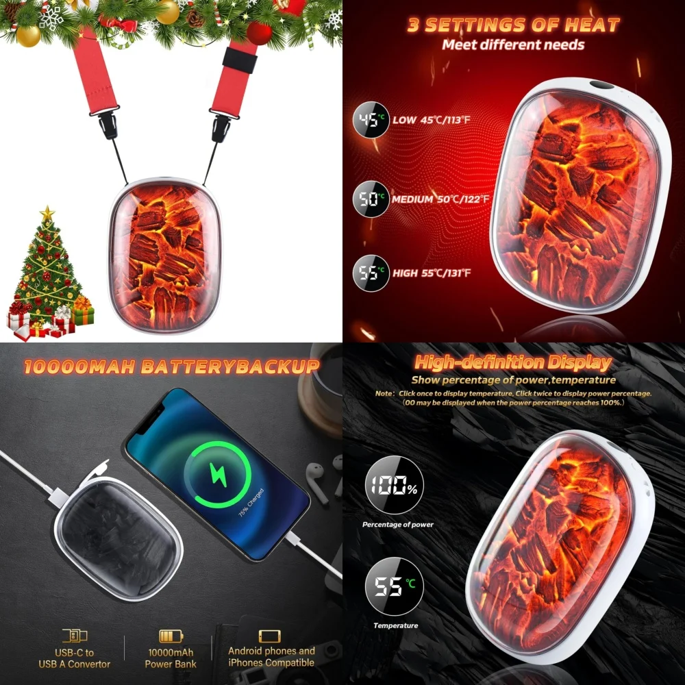 

10000mAh Hand Warmer with Power Bank Function USB C Fast Charging Flickering Flame Glow LED Display 15H Long Lasting Heat