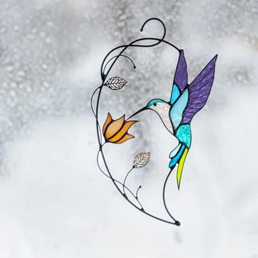 Handmade Stained Glass Window Decoration Hanging Hummingbird Window Crafts Light Light Art Decorative Flower Bird